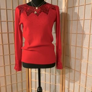 NWOT  Oliver - Red knit sweater with sheer neckline and sleeves. Sz S